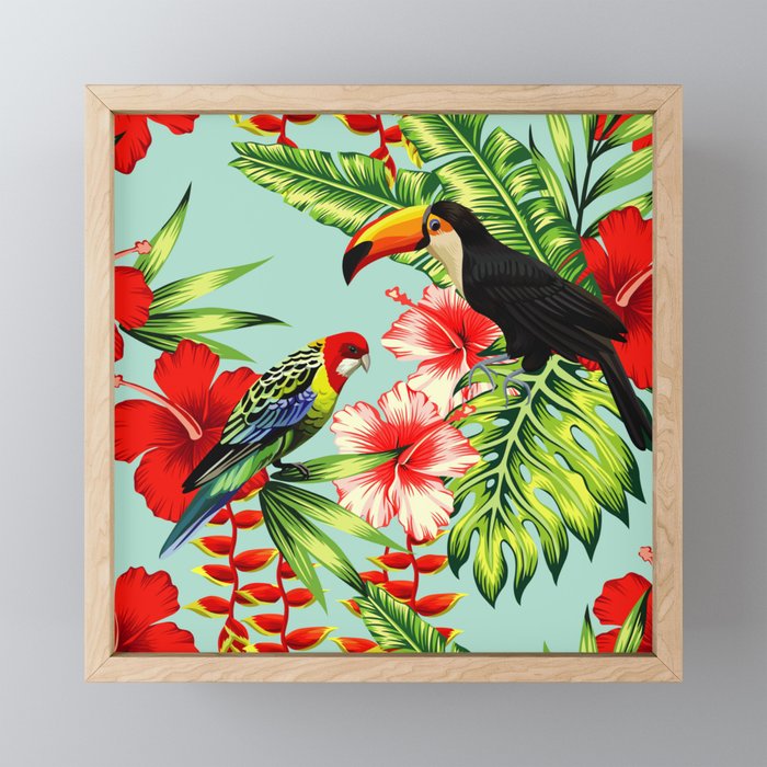 tropic bird toucan multicolor parrot background exotic flower hibiscus palm leaf summer floral plant nature animals wallpaper pattern Framed Mini Art Print