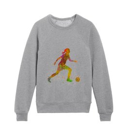 Young soccer kicking in watercolor Kids Crewneck