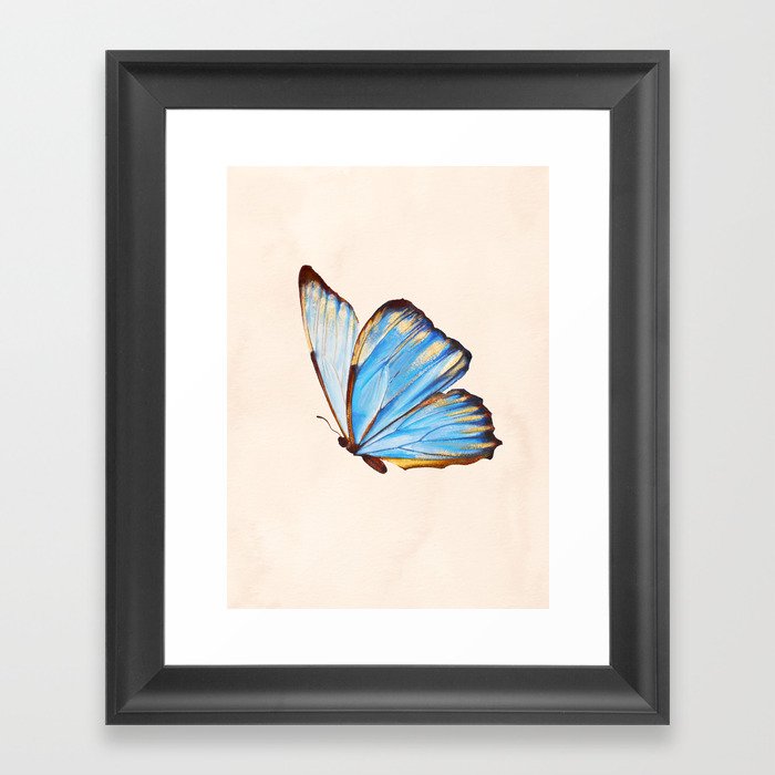 Blue + Gold Watercolor Butterfly Framed Art Print