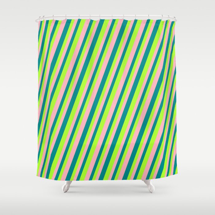 Dark Cyan, Light Green, and Light Pink Colored Lined Pattern Shower Curtain
