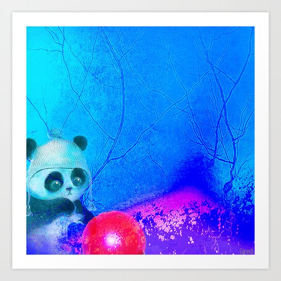 Baby panda plays with its balloon Art Print