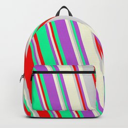 [ Thumbnail: Colorful Orchid, Green, Red, Light Gray, and Beige Colored Striped/Lined Pattern Backpack ]