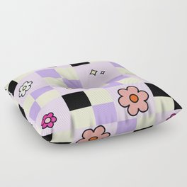Checkered Daisies Retro Colorful Flower Lavender Check Pattern Floor Pillow