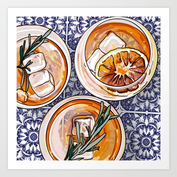 Happy Hour Art Print | Drawing, Digital, Happy-hour, Cocktail, Old-fashioned, Aperol-spritz, Moroccan-tile, Drinks