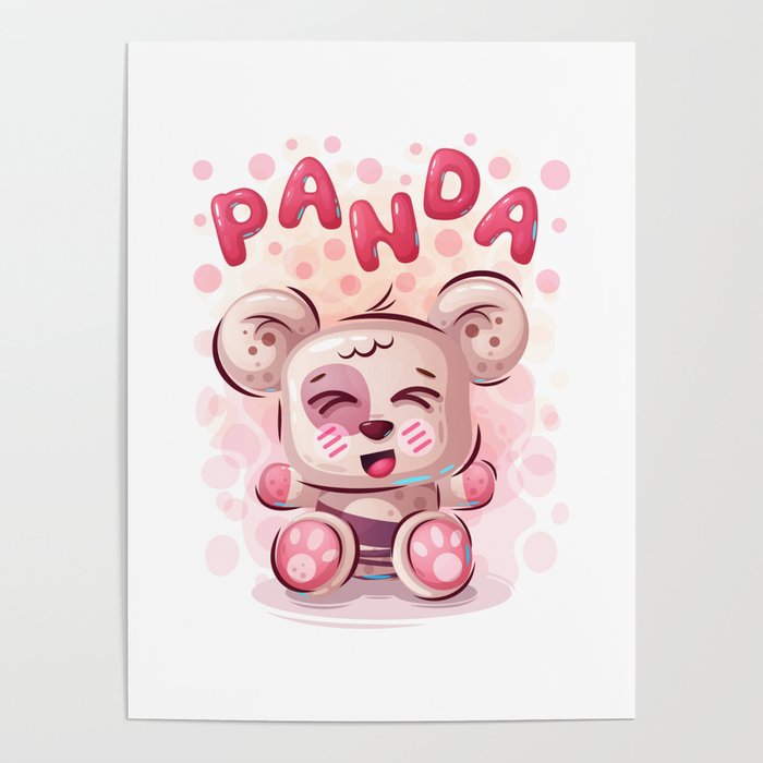 Cute Funny Cartoon Panda Character Pink Animal Illustration Poster