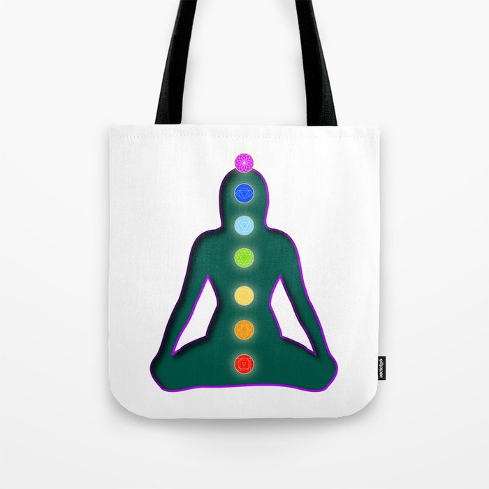 Meditating woman with aura colors and chakra symbols	 Tote Bag