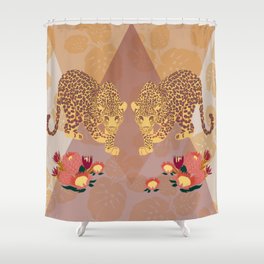 Two Leopards on Gold Geo Pink Floral Jungle Shower Curtain