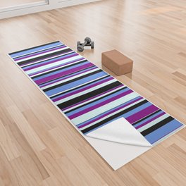 [ Thumbnail: Cornflower Blue, Purple, Light Cyan, and Black Colored Stripes Pattern Yoga Towel ]