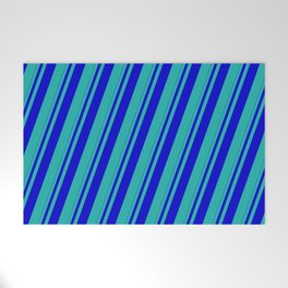 [ Thumbnail: Blue and Light Sea Green Colored Striped Pattern Welcome Mat ]