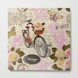 Seamless vintage background with roses, butterfly and bicycle.  Metal Print | Bird, Paper, Background, Romance, Bike, Drawing, Pattern, Vintage, Elegant, Illustration 