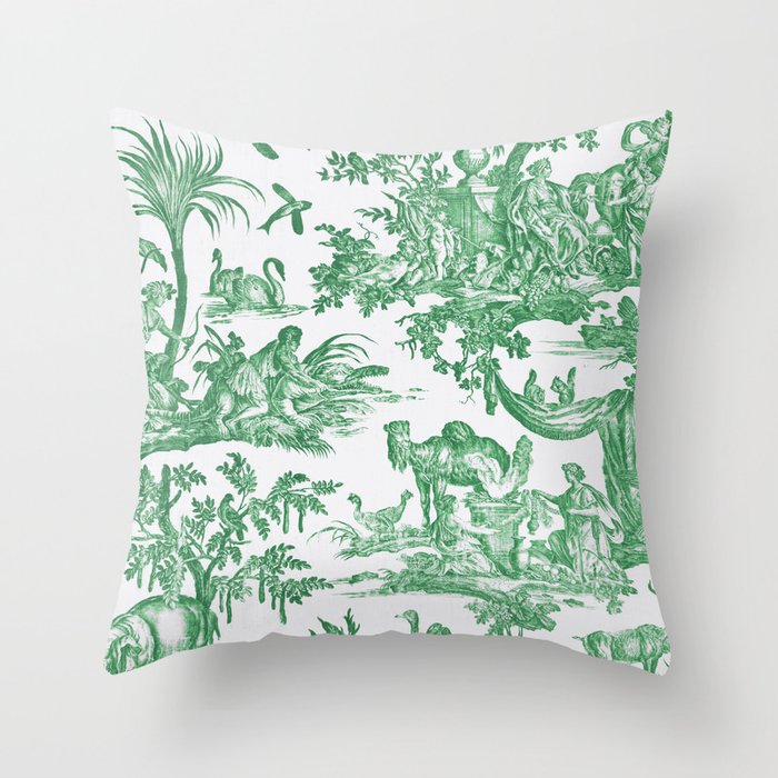 Green and White Antique French Toile Chinoiserie Throw Pillow