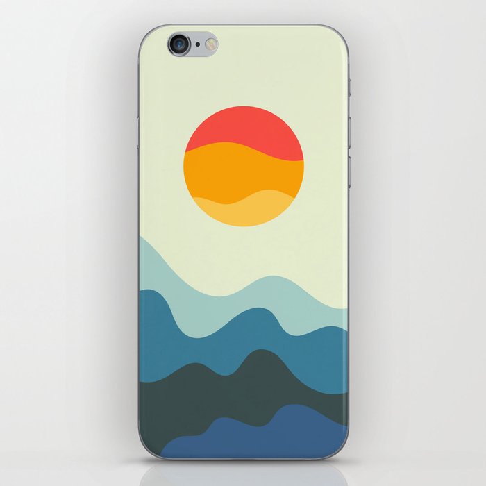Gentle Rising Sun Over Ocean Waves Minimalist Abstract Nature Art In Vintage 50s & 60s Color Palette iPhone Skin
