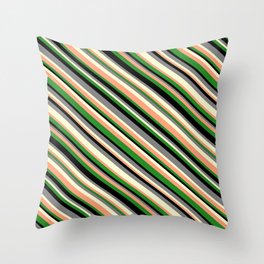[ Thumbnail: Eye-catching Gray, Light Yellow, Light Salmon, Forest Green & Black Colored Striped Pattern Throw Pillow ]