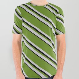 [ Thumbnail: Green, Light Grey, and Black Colored Pattern of Stripes All Over Graphic Tee ]