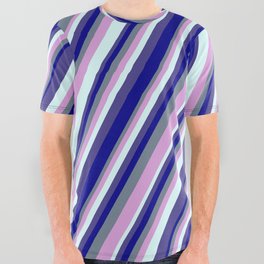 [ Thumbnail: Slate Gray, Plum, Light Cyan, Dark Slate Blue, and Dark Blue Colored Lined/Striped Pattern All Over Graphic Tee ]