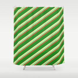 [ Thumbnail: Forest Green, Pale Goldenrod, Light Green, Crimson, and Goldenrod Colored Pattern of Stripes Shower Curtain ]