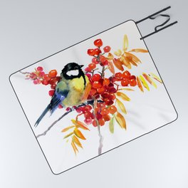 Great tit and berries Picnic Blanket