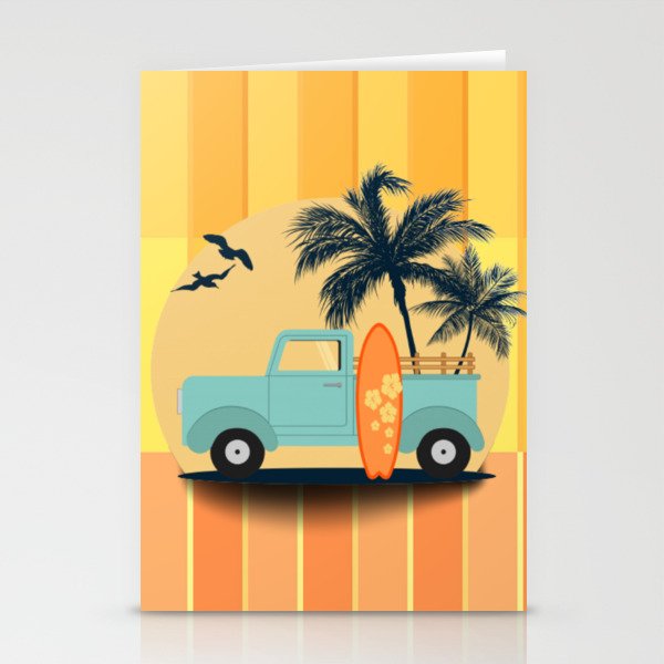 Retro Surfer Pick-up Truck Summer Palm Tree Stationery Cards