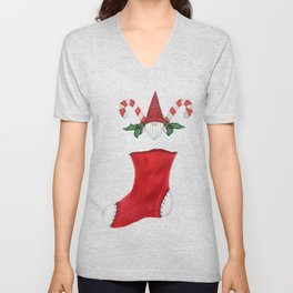 Cute Gnome in Red Christmas Stocking Candy Canes Holly Leaves V Neck T Shirt