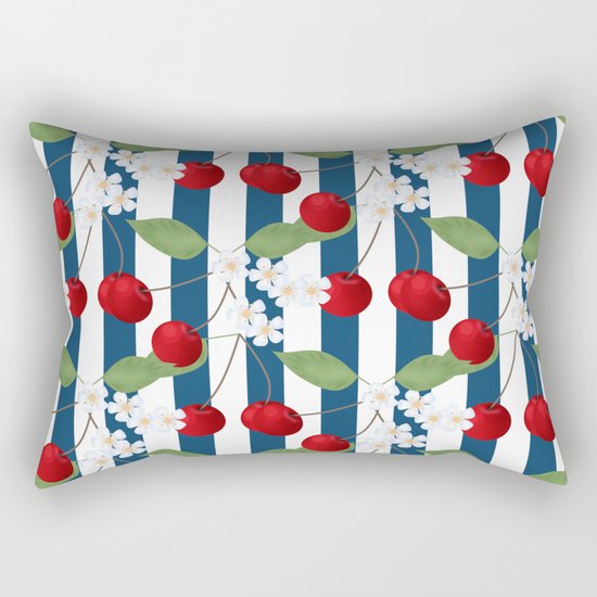 Seamless pattern with cherry and flowers on striped background Rectangular Pillow