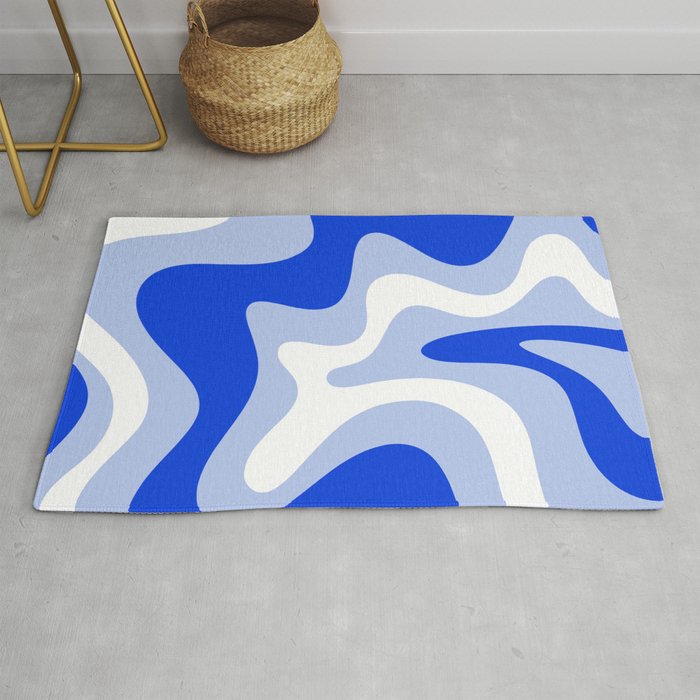 Retro Liquid Swirl Abstract Pattern Square in Royal Blue, Light Blue, and White Rug