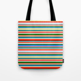 [ Thumbnail: Colorful Blue, Tan, Red, White, and Dark Green Colored Striped/Lined Pattern Tote Bag ]