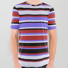 [ Thumbnail: Red, Medium Slate Blue, Lavender, and Black Colored Stripes/Lines Pattern All Over Graphic Tee ]