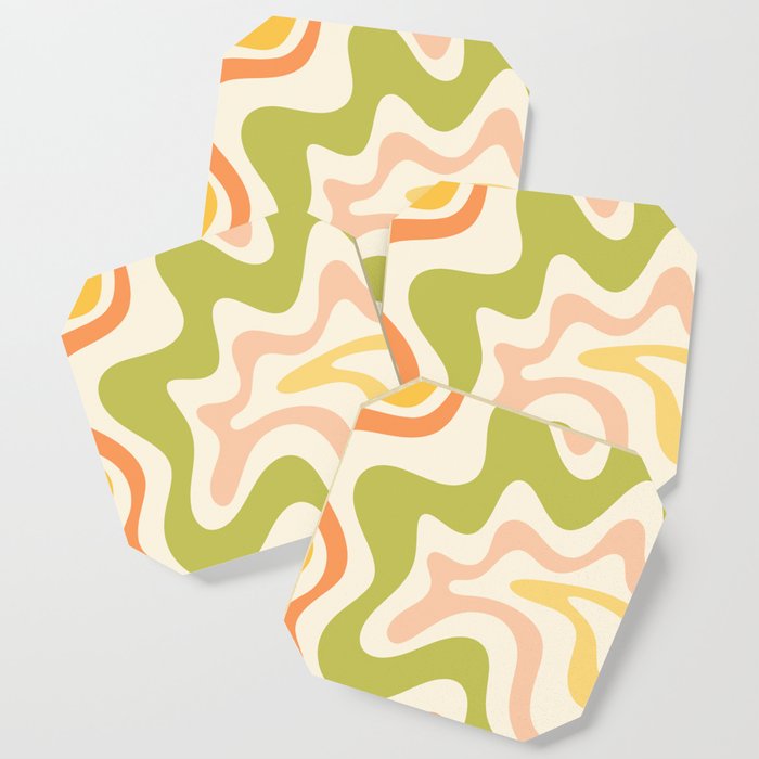Retro Liquid Swirl Abstract Pattern Square in Light Green Cream Yellow Orange Blush  Coaster