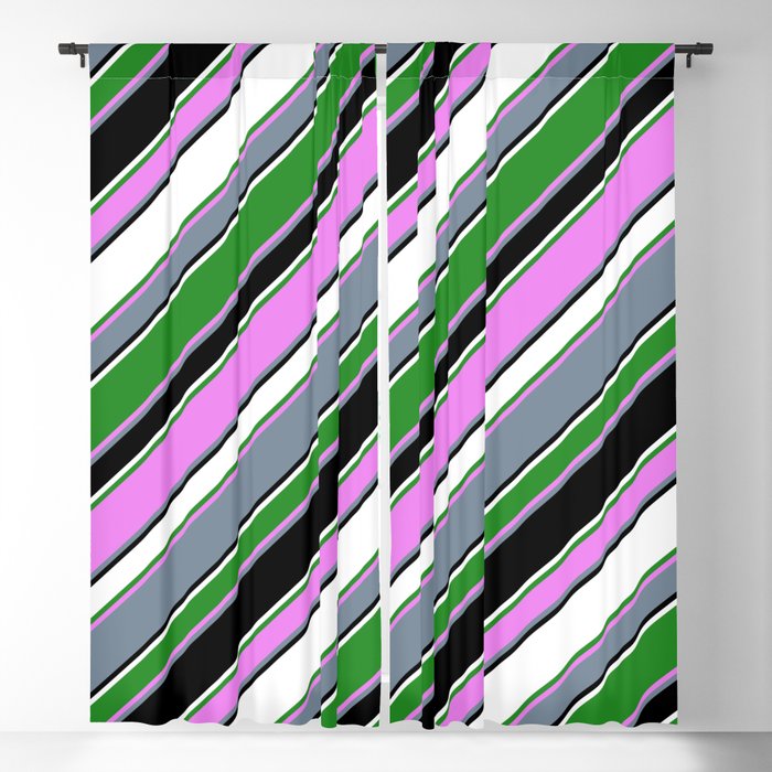 Eye-catching Forest Green, Violet, Light Slate Gray, Black & White Colored Striped/Lined Pattern Blackout Curtain
