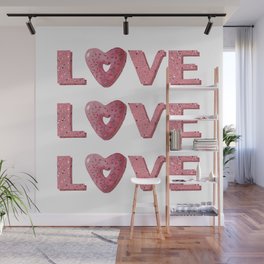 Cute pink heart shaped donut and word Love Wall Mural