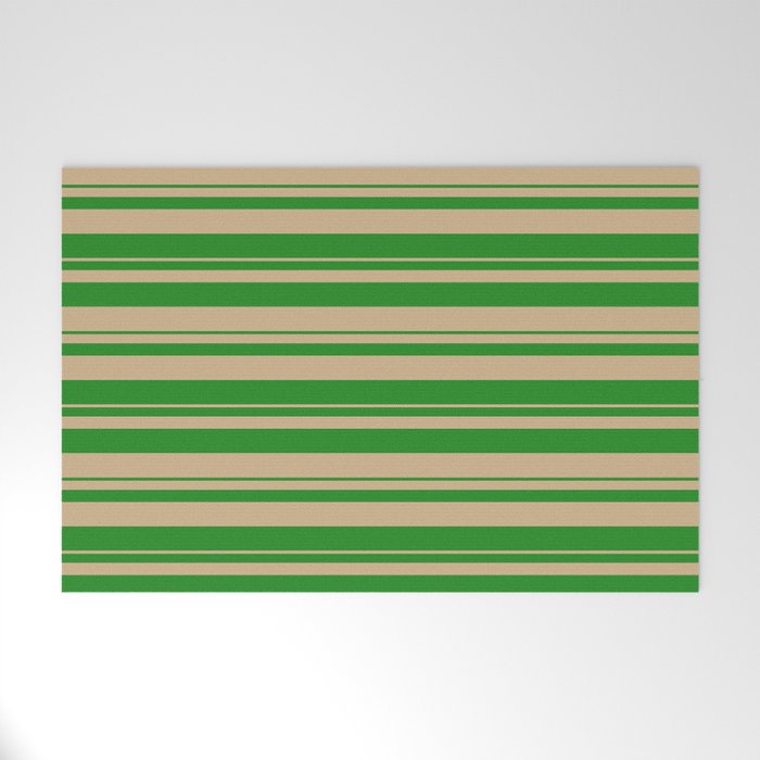 Forest Green and Tan Colored Striped/Lined Pattern Welcome Mat