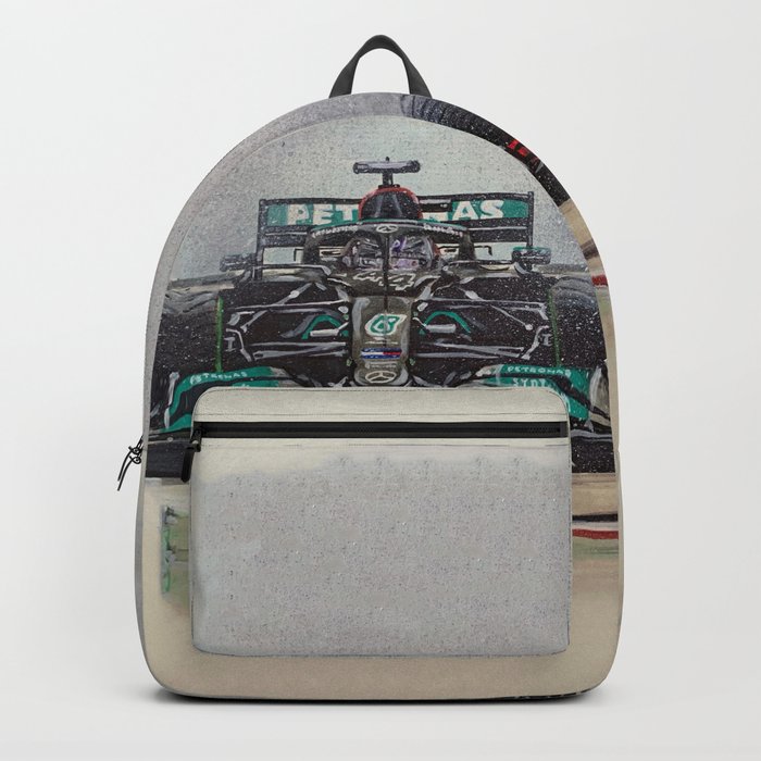 Lewis Hamilton & Max Verstappen, in the rain Backpack by Daro Art Cars