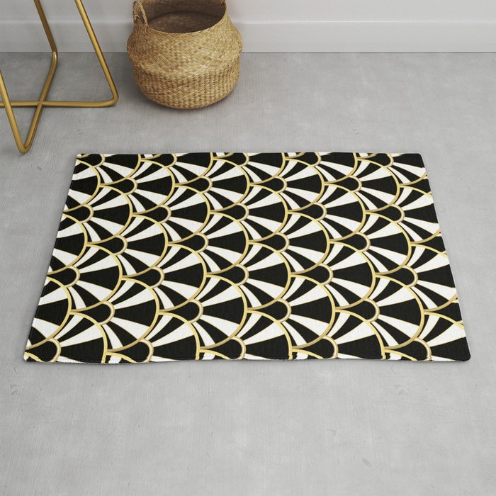 Black White And Gold Classic Art Deco Fan Pattern Rug By