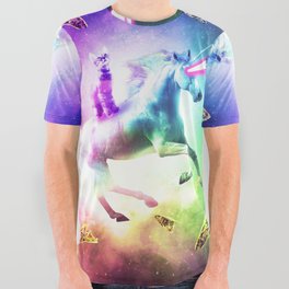 Space Cat Riding Unicorn - Laser, Tacos And Rainbow All Over Graphic Tee