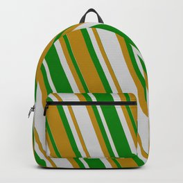[ Thumbnail: Light Gray, Green & Dark Goldenrod Colored Lines Pattern Backpack ]