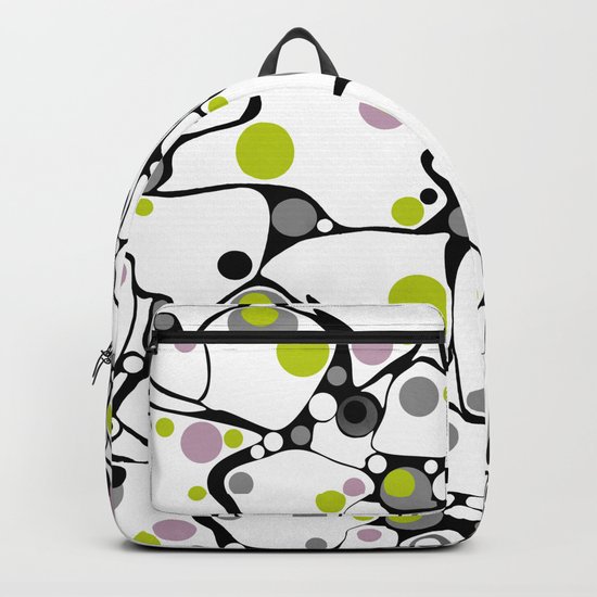 Abstract black and white pattern in green and purple polka dots . Backpack