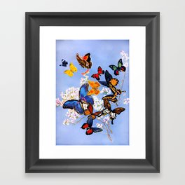 Tropical butterflies and apple blossoms floral blue sky portrait art print textile pattern Framed Art Print