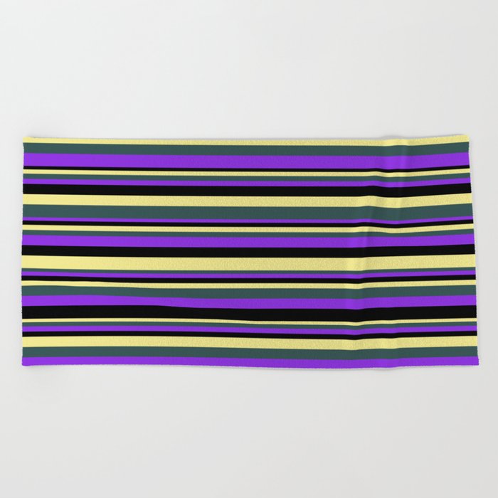 Tan, Dark Slate Gray, Purple, and Black Colored Stripes/Lines Pattern Beach Towel