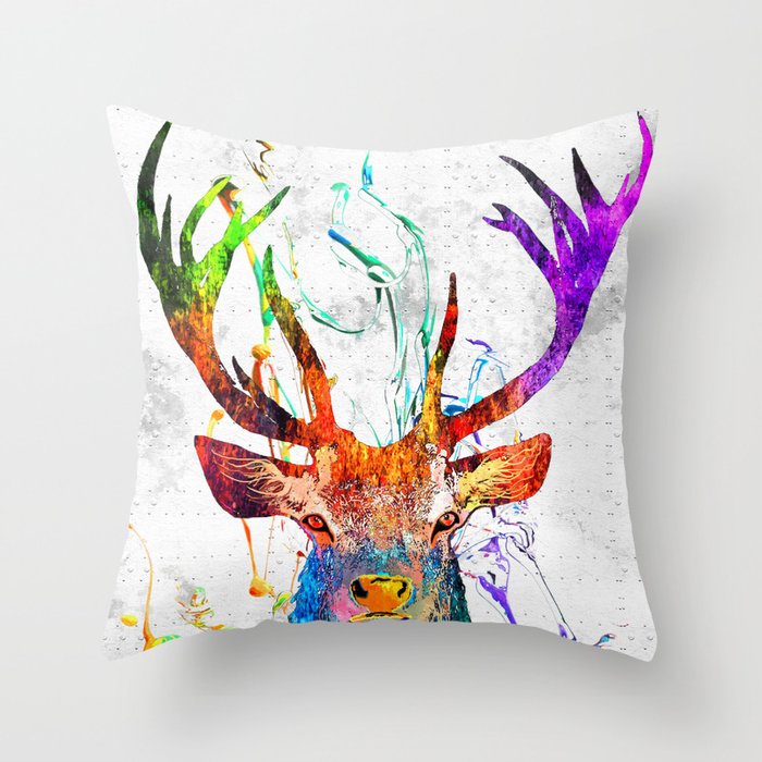 Red Deer Watercolor Grunge Throw Pillow