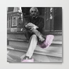 Albert Einstein in Fuzzy Pink Slippers Classic E = mc² Black and White Satirical Photography  Metal Print