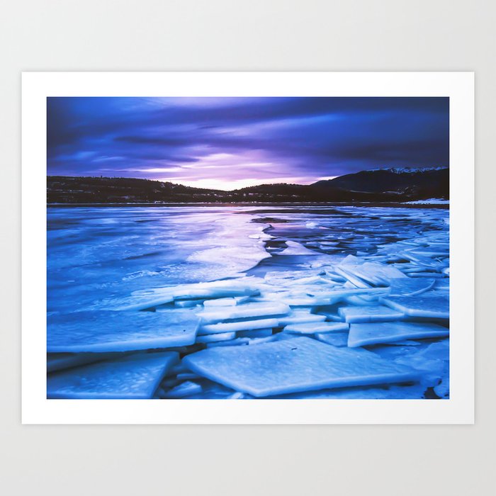 Lake Effect Frozen Ice Water Sunset Mountain Landscape Photography Pink Purple Blue Clouds Art Print By Byrdonwheels