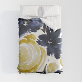 Navy and Yellow Loose Watercolor Floral Bouquet Duvet Cover