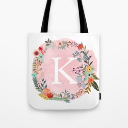 Flower Wreath with Personalized Monogram Initial Letter K on Pink Watercolor Paper Texture Artwork Tote Bag