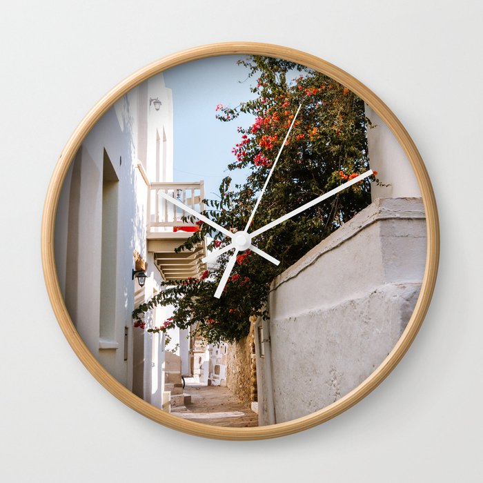 Small Greek Street | Flower Filled Mediterranean Ally | Travel Photography on the Islands of Greece Wall Clock