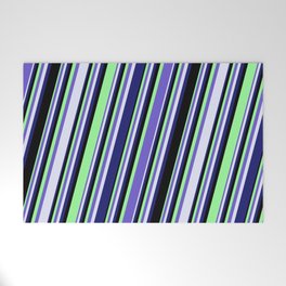 [ Thumbnail: Slate Blue, Lavender, Midnight Blue, Black & Green Colored Lines/Stripes Pattern Welcome Mat ]