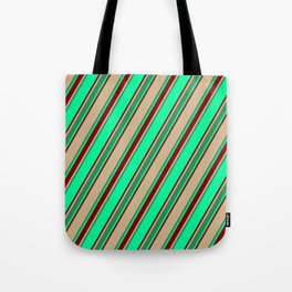 [ Thumbnail: Green, Maroon, Tan & Sea Green Colored Lined/Striped Pattern Tote Bag ]