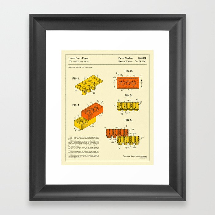 BUILDING BRICKS Patent (1961) Reproduction Framed Art Print