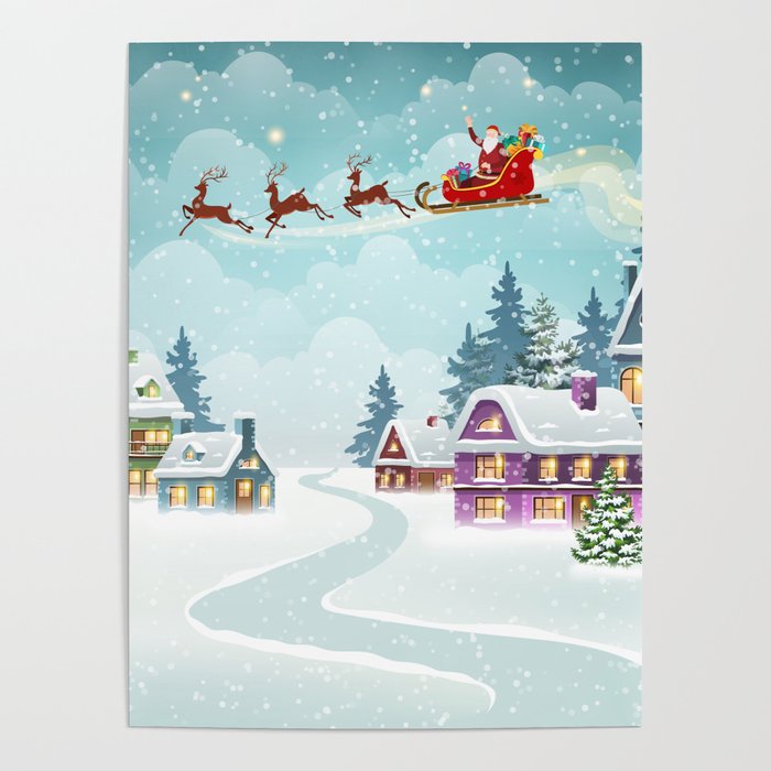 Santa and Reindeer on Christmas Background. Winter Christmas scene with snow covered houses and pine forest. Holiday vintage Background Poster