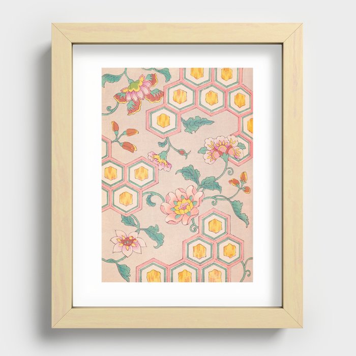Flowers on Hexagon Vintage Japanese Retro Pattern Recessed Framed Print