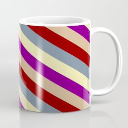 [ Thumbnail: Vibrant Pale Goldenrod, Purple, Tan, Dark Red & Light Slate Gray Colored Striped Pattern Coffee Mug ]